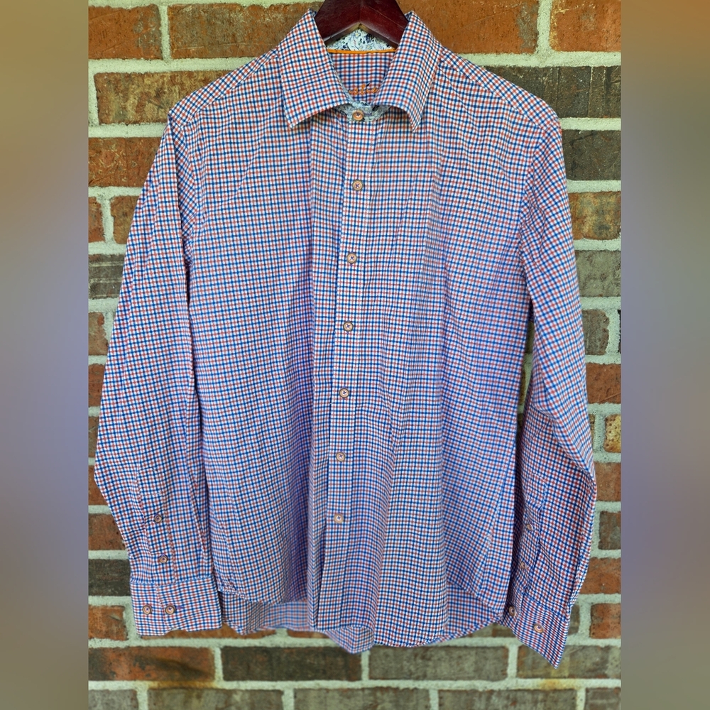 Justin's Orange and Blue Plaid Shirt with Blue Floral Contrasts  Size M